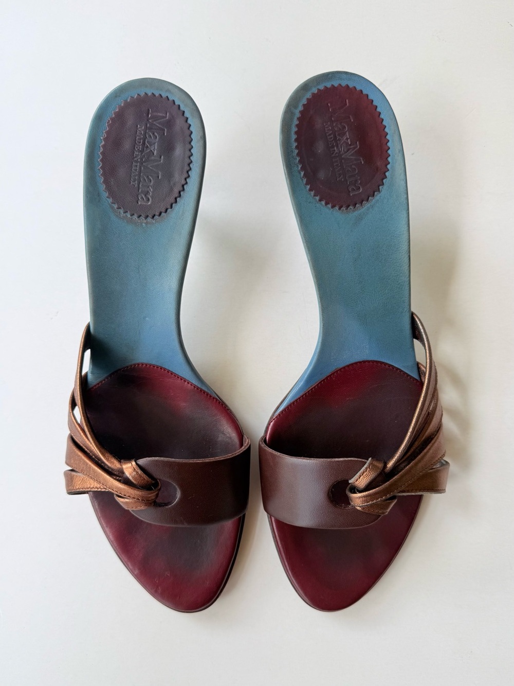 Vintage MaxMara Metallic Copper Burgundy Red Blue Leather Low Heeled Sandals 38 - Picture 2 of 12